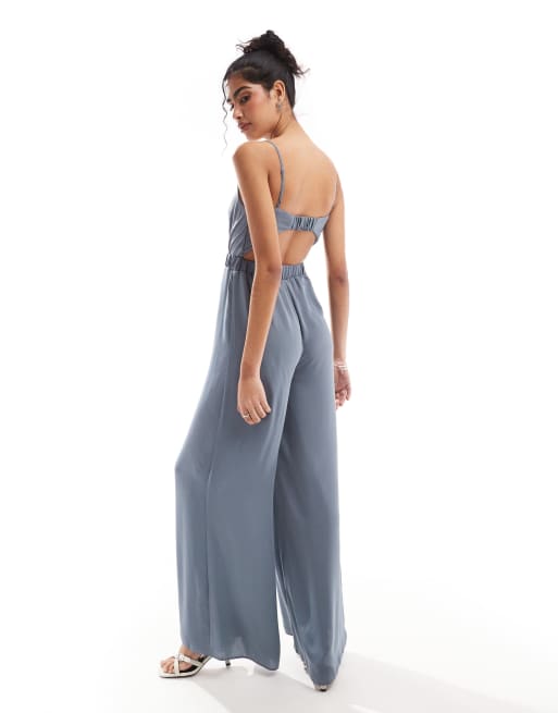 ASOS DESIGN Hochgeschlossener Jumpsuit in Blau mit verdrehter Vorderseite ASOS