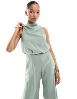 ASOS DESIGN - Hochgeschlossener Jumpsuit in Salbeigrün mit weitem Bein