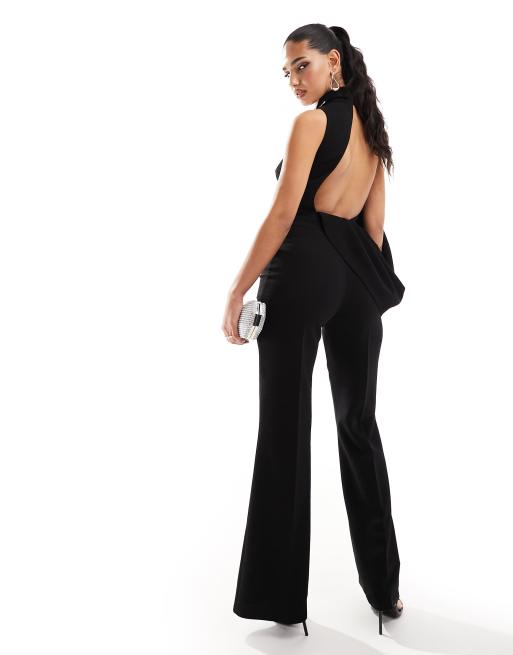 ASOS DESIGN – Hochgeschlossener Jumpsuit in Schwarz mit silbernem Besatz am Ausschnitt, 3 von 4