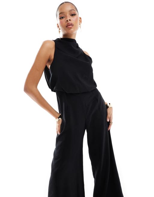 ASOS DESIGN Hochgeschlossener Jumpsuit in Schwarz mit weitem Bein ASOS