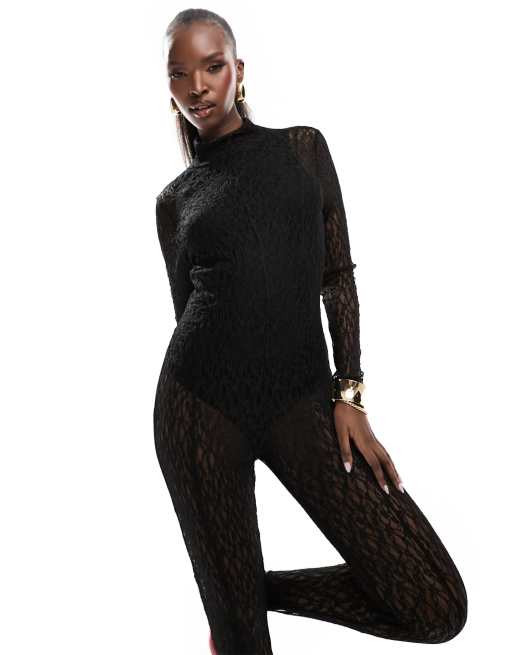 ASOS DESIGN – Hochgeschlossener, langärmliger Steg-Einteiler in Schwarz aus Spitze, 2 von 4