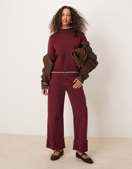 ASOS DESIGN – Hochgeschlossener Pullover in Burgunderrot mit Langettenstich, 4 von 4