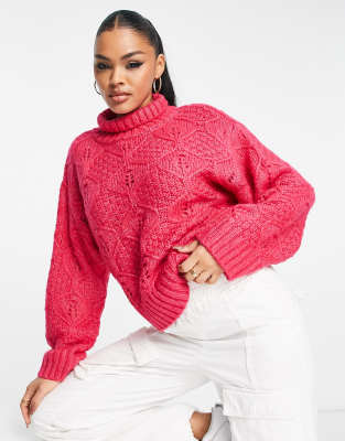 ASOS DESIGN - Hochgeschlossener Pullover in Rosa mit Zopfmuster