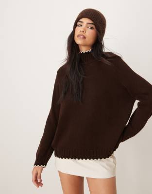 ASOS DESIGN - Hochgeschlossener Pullover in Schokobraun mit Langettenstich