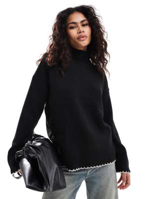 ASOS DESIGN - Hochgeschlossener Pullover in Schwarz mit Languettenstich