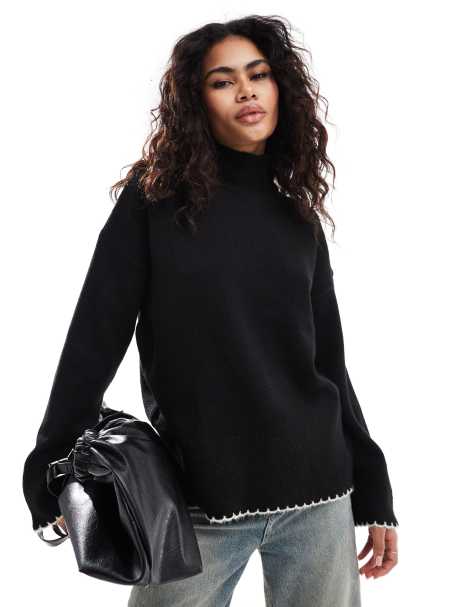 ASOS DESIGN – Hochgeschlossener Pullover in Schwarz mit Languettenstich - view 1