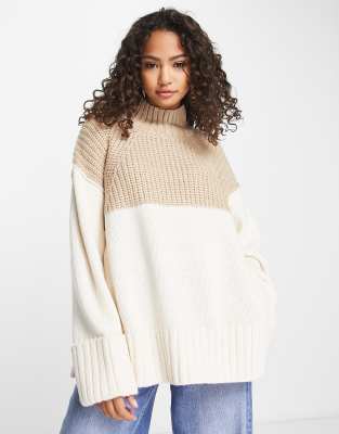 ASOS DESIGN - Hochgeschlossener Pullover mit Blockfarbendesign in Cremeweiß und Camel