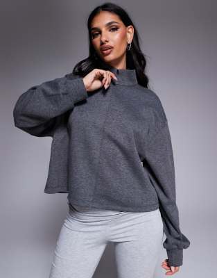 ASOS DESIGN - Hochgeschlossener Pullover zum Reinschlüpfen aus Scuba-Stoff in Grau mit kurzem Reißverschluss