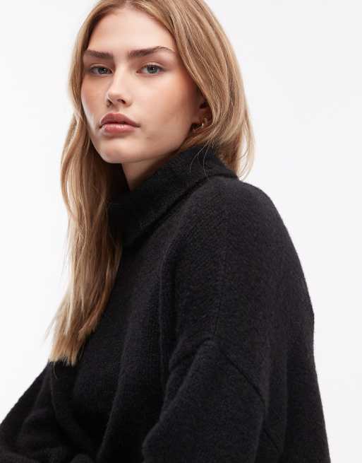 ASOS DESIGN – Hochgeschlossener Strickpullover aus Wollmix in Schwarz mit V-Ausschnitt, 2 von 4