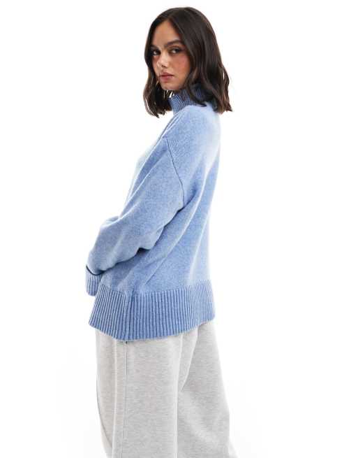 ASOS DESIGN – Hochgeschlossener Strickpullover in Blau mit umgeschlagenen Bündchen, 4 von 4