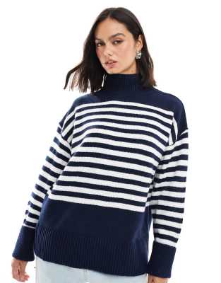 ASOS DESIGN - Hochgeschlossener Strickpullover in Marineblau gestreift mit umgeschlagenen Bündchen-Bunt