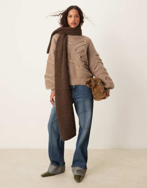 ASOS DESIGN – Hochgeschlossener Strickpullover in Taupe mit abstrakten Nähten - view 1