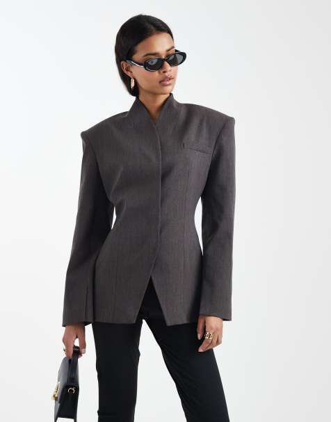 ASOS DESIGN – Hochgeschlossener Wickel-Blazer in meliertem, dunklem Schokobraun - view 1