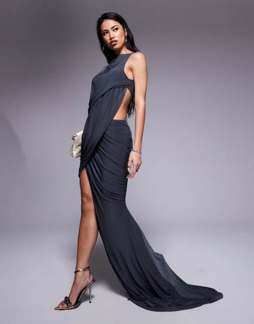 ASOS DESIGN – Hochgeschlossenes, anschmiegsames Maxikleid in Anthrazit mit Zierausschnitt
