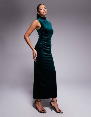 ASOS DESIGN - Hochgeschlossenes, ärmelloses Maxikleid aus Samt in Dunkelgrün