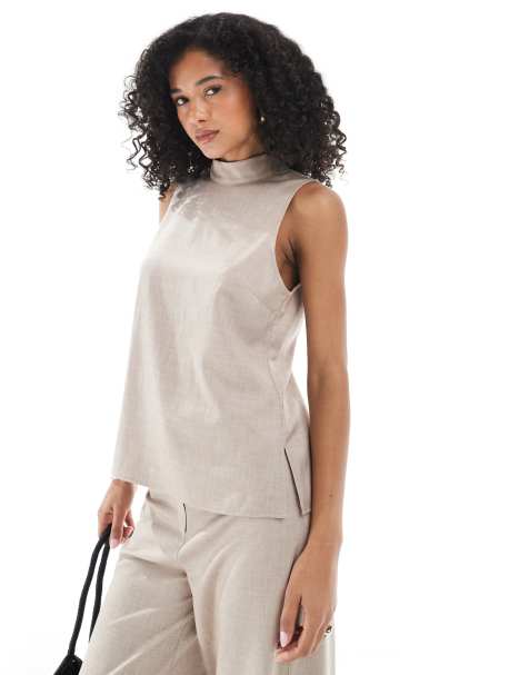 ASOS DESIGN – Hochgeschlossenes, ärmelloses Oberteil in Beige, Kombiteil - view 1