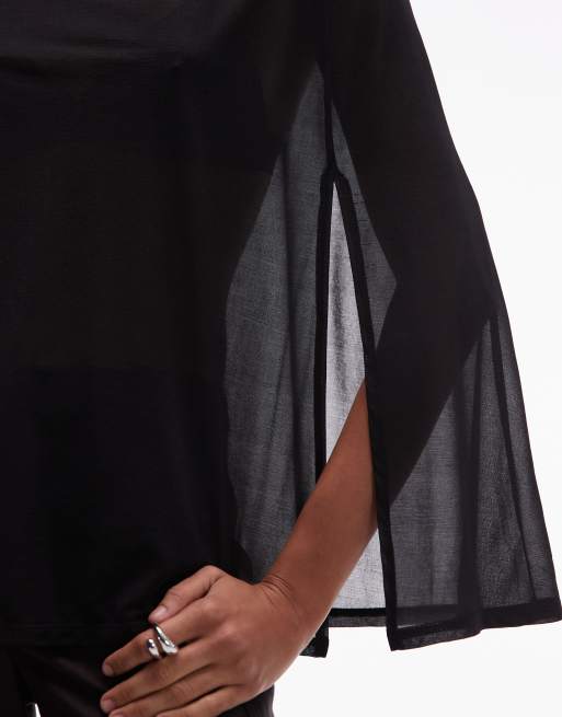 ASOS DESIGN – Hochgeschlossenes Cape-Oberteil mit Longline-Schnitt aus Netzstoff in Schwarz, 3 von 4