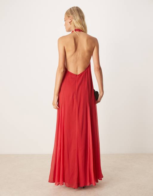 ASOS DESIGN – Hochgeschlossenes Chiffon-Maxikleid in Rot mit kontrastierendem Godet-Rockteil, 3 von 4