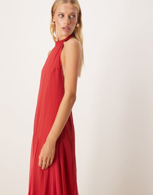 ASOS DESIGN – Hochgeschlossenes Chiffon-Maxikleid in Rot mit kontrastierendem Godet-Rockteil, 4 von 4
