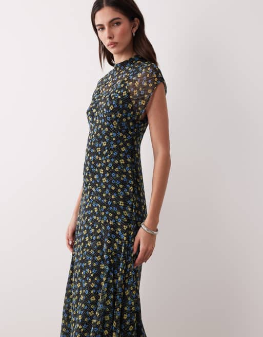 ASOS DESIGN – Hochgeschlossenes Chiffon-Maxikleid in Schwarz mit Zipfelsaum und Blumenmuster, 2 von 4