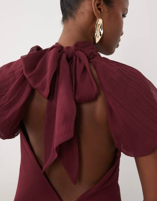 ASOS DESIGN hochgeschlossenes Chiffon-Maxikleid mit Puffärmeln in Burgunderrot, 4 von 4