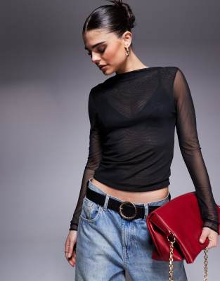 ASOS DESIGN - Hochgeschlossenes, doppellagiges, langärmliges Netzstoff-Oberteil in Schwarz mit figurbetontem Schnitt