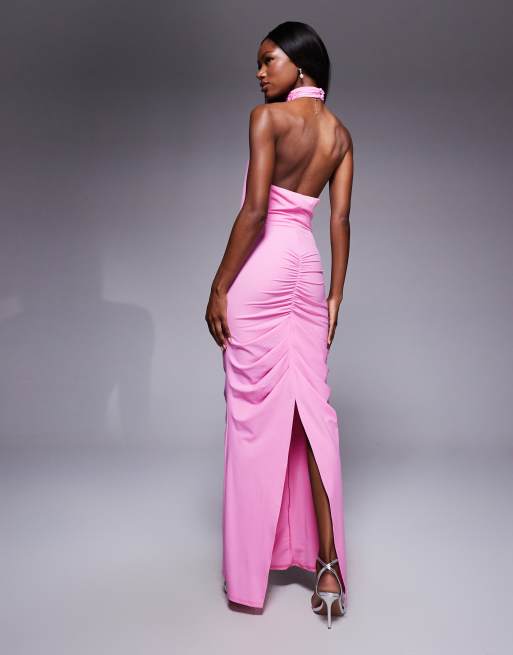 ASOS DESIGN – Hochgeschlossenes, drapiertes Jersey-Maxikleid in Rosé mit Rüschen, 2 von 4