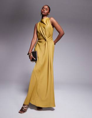 ASOS DESIGN - Hochgeschlossenes, drapiertes Maxikleid aus Satin in Ocker mit gerafftem Detail-Lila