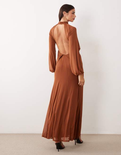 ASOS DESIGN hochgeschlossenes, drapiertes Maxikleid mit Blouson-Partie in Ingwer, 3 von 4