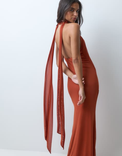 ASOS DESIGN hochgeschlossenes, drapiertes Mesh-Maxikleid mit Schärpe in Rostbraun - view 1