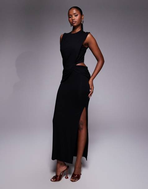 ASOS DESIGN – Hochgeschlossenes, drapiertes Midikleid in Schwarz mit Schärpe - view 1