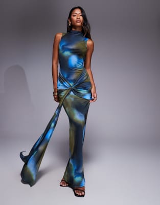 ASOS DESIGN – Hochgeschlossenes, drapiertes Netzstoff-Maxikleid mit verschwommenem Muster und Schärpe - view 1