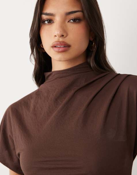 ASOS DESIGN – Hochgeschlossenes, drapiertes Oberteil in brauner Leinenoptik, Kombiteil - view 1