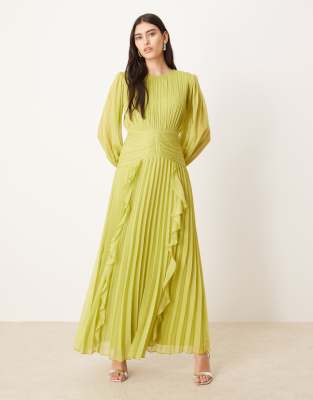 ASOS DESIGN - Hochgeschlossenes, gerafftes Maxikleid in Limettengrün mit Gürteldetail-Lila