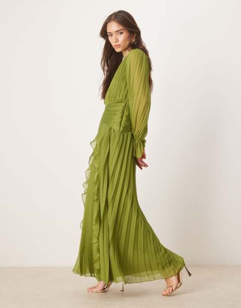 ASOS DESIGN – Hochgeschlossenes, gerafftes Maxikleid in Olivgrün mit Gürteldetail - view 1