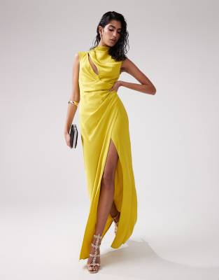 ASOS Design - Hochgeschlossenes, gerafftes Satin-Maxikleid in Chartreuse mit Schlitzdetail am Ausschnitt-Grün