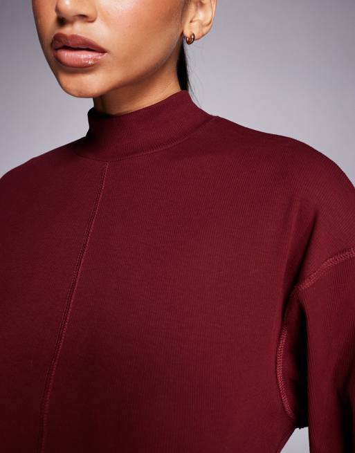 ASOS DESIGN – Hochgeschlossenes, geripptes Minikleid in Burgunderrot mit Mittelnahtdetail, 3 von 4