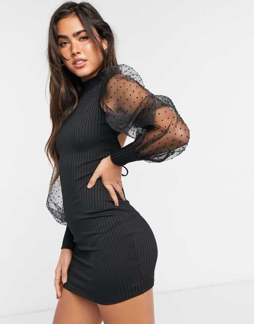 ASOS DESIGN – Hochgeschlossenes, geripptes Minikleid in Schwarz mit gepunktetem Organza