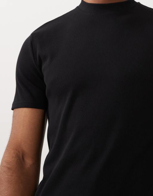 ASOS DESIGN – Hochgeschlossenes, geripptes T-Shirt in Schwarz mit schmalem Schnitt, 5 von 5
