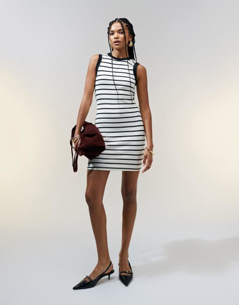 ASOS DESIGN – Hochgeschlossenes, geripptes Tanktop-Minikleid mit Streifenmuster in Schwarz und Weiß im 90er-Stil - view 1