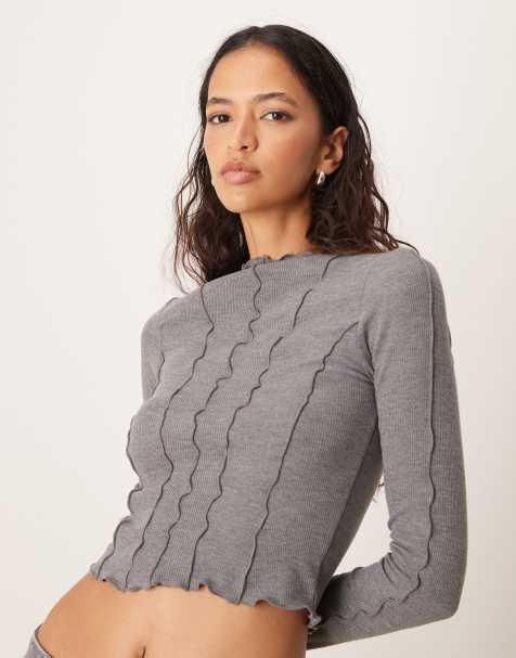 ASOS DESIGN – Hochgeschlossenes, gespleißtes Oberteil in geripptem Grau mit ausgestellten Ärmeln - view 1