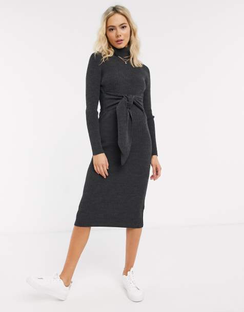ASOS DESIGN – Hochgeschlossenes Kleid mit Bindegürtel