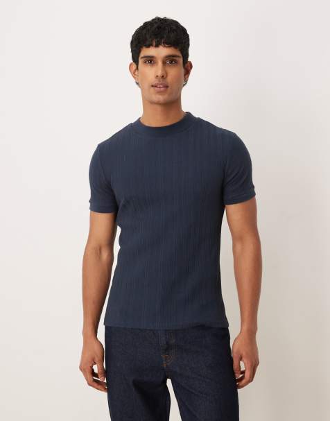 ASOS DESIGN – Hochgeschlossenes, körperbetontes T-Shirt in Marineblau mit Struktur - view 1