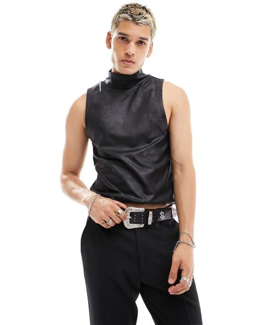 ASOS DESIGN – Hochgeschlossenes, körperbetontes Trägertop aus Kunstleder in Schwarz