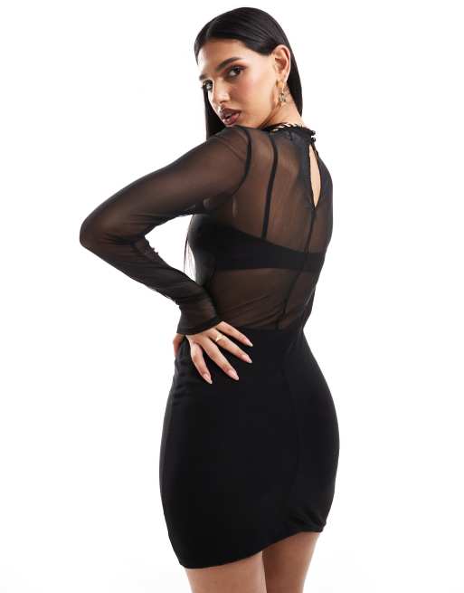 ASOS DESIGN – Hochgeschlossenes, langärmliges 2-in-1-Minikleid aus Netzstoff in Schwarz, 4 von 4