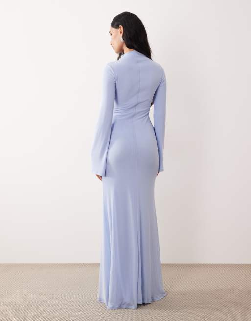 ASOS DESIGN – Hochgeschlossenes, langärmliges Maxikleid aus Netzstoff in Blau mit drapiertem Design, 4 von 4