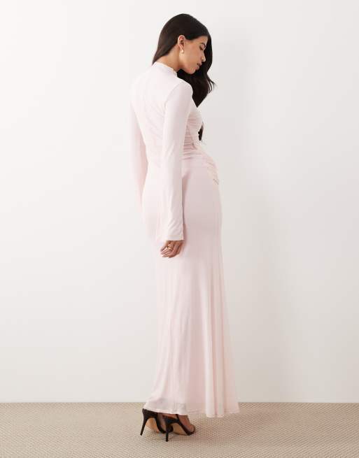 ASOS DESIGN – Hochgeschlossenes, langärmliges Maxikleid aus Netzstoff in Rosa mit drapiertem Design, 3 von 4