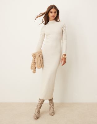 ASOS DESIGN - Hochgeschlossenes, langärmliges Maxikleid in Haferbeige mit Fledermausärmeln-Bunt