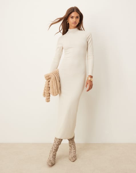 ASOS DESIGN – Hochgeschlossenes, langärmliges Maxikleid in Haferbeige mit Fledermausärmeln - view 1