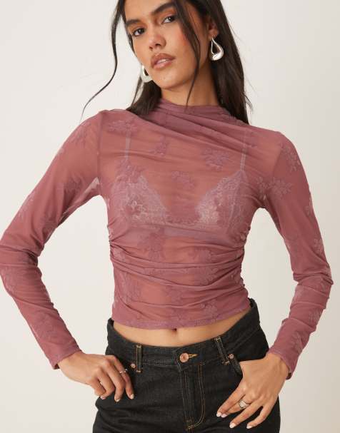 ASOS DESIGN – Hochgeschlossenes, langärmliges Oberteil aus beflocktem Material in Rosa mit Raffung - view 1